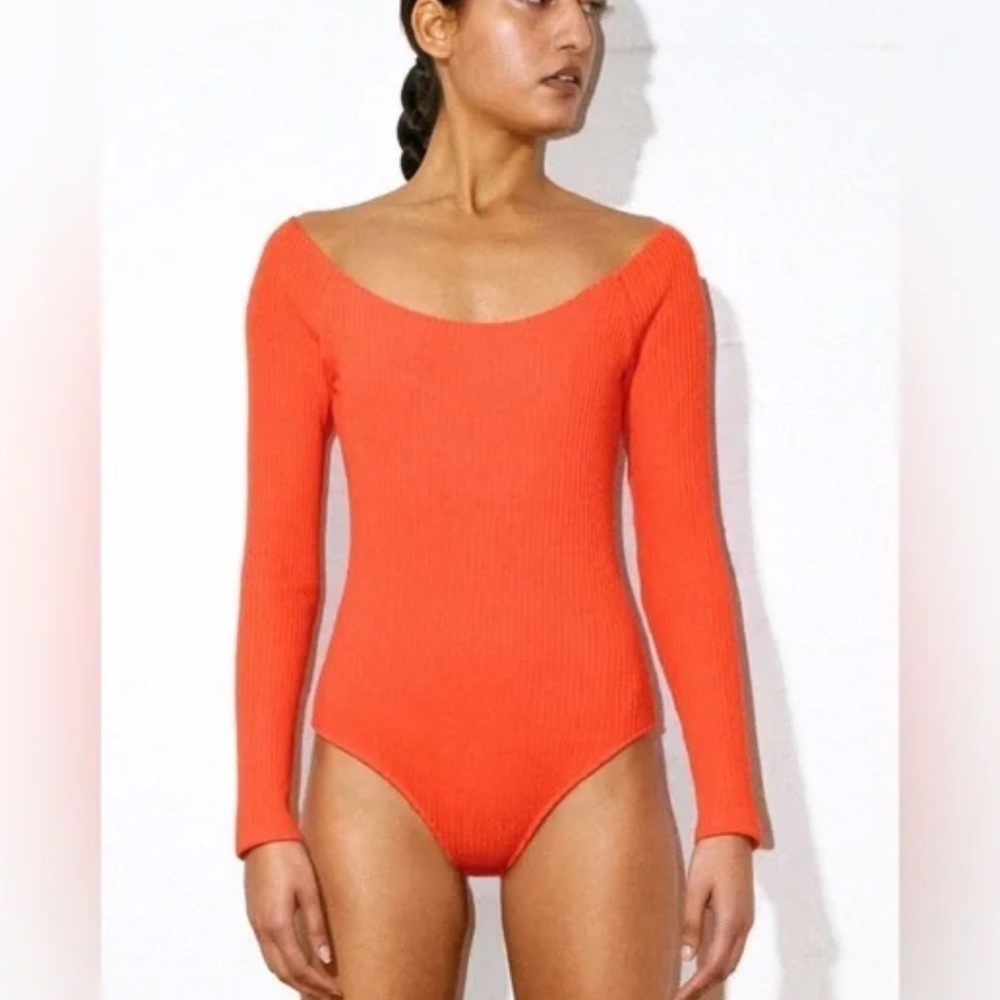 MARA HOFFMAN Martha Ribbed Stretchy Long Sleeve Bodysuit Top Tangerine Color
